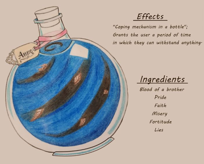 [A drawing of a round potion bottle containing blue and black liquid swirling around. Pieces of leaves swirl around with the motion of the fluid. A white rubber stopper is affixed to the top of the bottle. A pink ribbon  is tied around the neck of the bottle, holding a lace-cut paper tag to the bottle labeled, "Anne", in calligraphy. 
The image is accompanied by two headers. The first, labeled "Effects", reads: '"Coping mechanism in a bottle." Grants the user a period of time in which they can withstand anything.' The second header, titled, "Ingredients", reads: "Blood of a brother, Pride, Faith, Misery, Fortitude, Lies." End ID.]
