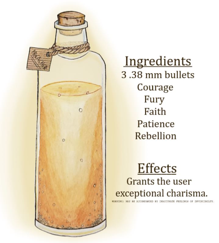 [A drawing of a tall cylindrical potion bottle filled with a bubbling, glowing, transparent orange liquid. A cork stopper is affixed to the mouth of the bottle, and a piece of twine is tied around the neck, where it is holding a square tag made from repurposed parchment labeled, "Preacher."
The drawing is accompanied by two headers. The first, labeled "Ingredients", reads, "Three .38 mm bullets, Courage, Fury, Faith, Patience, Rebellion." The second header, which reads, "Effects", says, "Grants the user exceptional charisma." A warning is written in small lettering. It reads, "Warning: May be accompanied by inaccurate feelings of invincibility." End ID.]